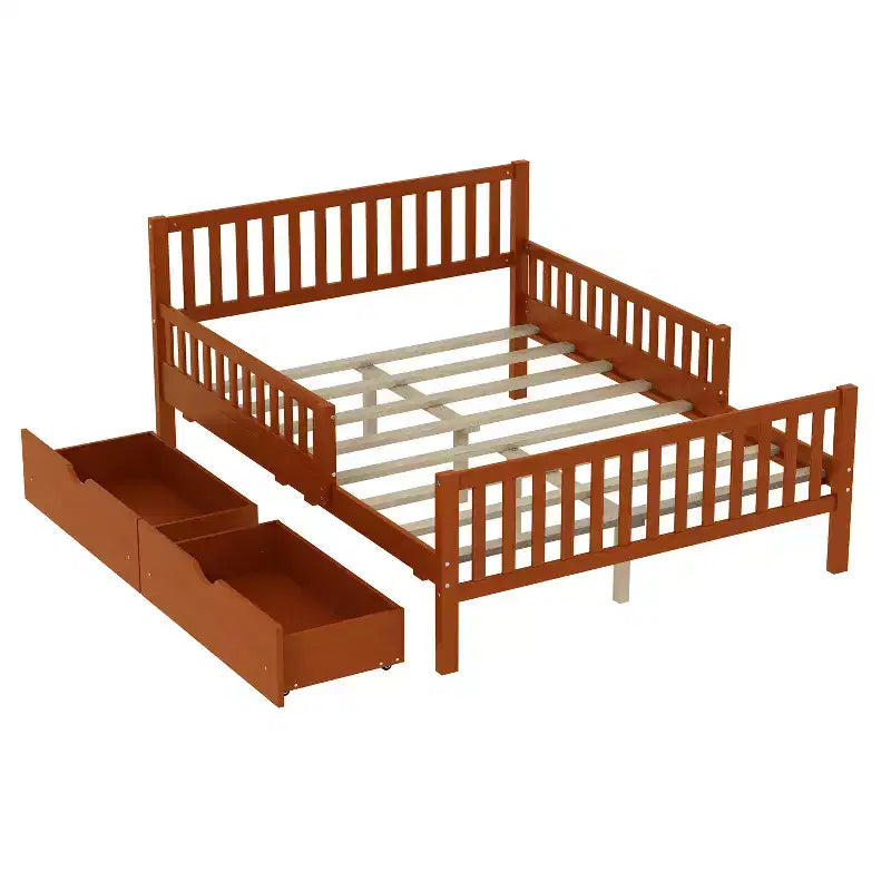 Lit plateforme tout en bois avec barrières de sécurité et 2 tiroirs de rangement, Noyer