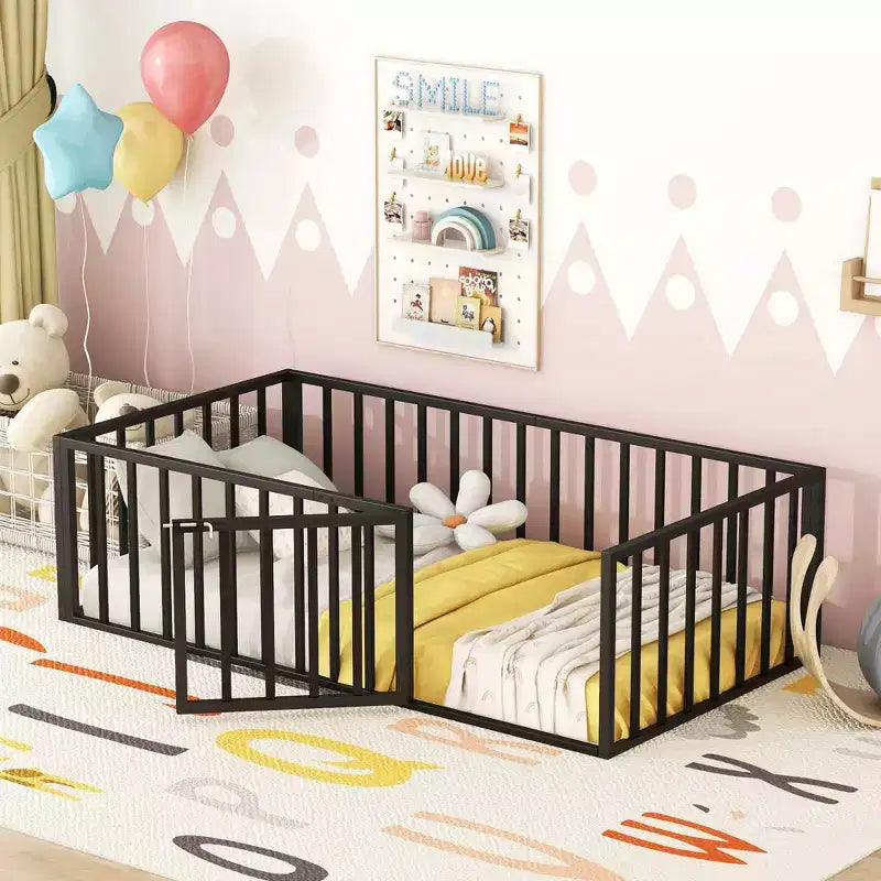 MAYEERTY Metal Floor Bed Frame with Fence and Openable Door Kids Play and Sleep Space