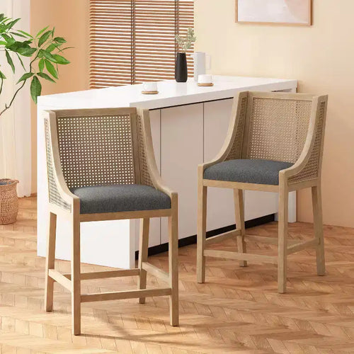 Tabouret de bar rembourré Cataldo en bois et rotin de 64,7 cm, gris anthracite/naturel