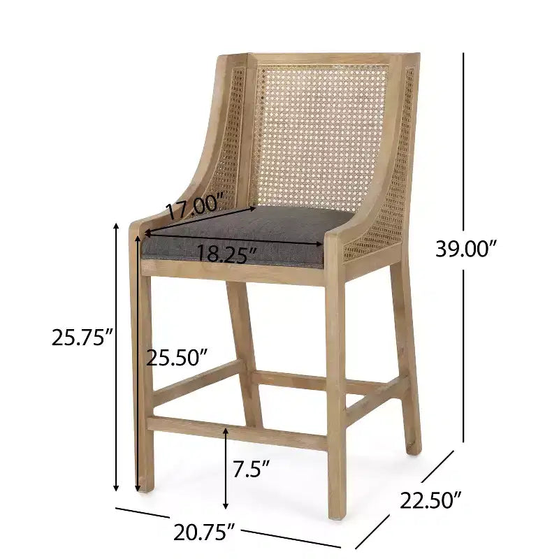 Tabouret de bar rembourré Cataldo en bois et rotin de 64,7 cm, gris anthracite/naturel