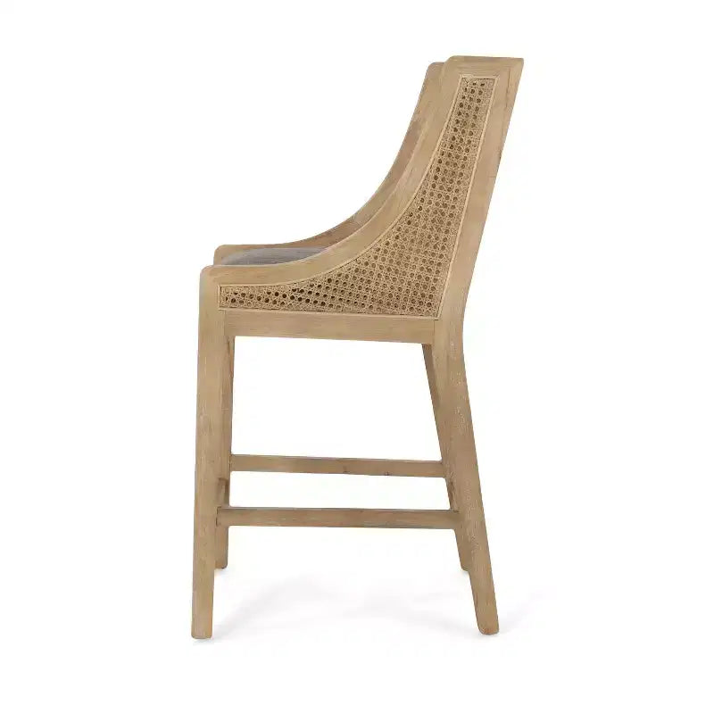 Tabouret de bar rembourré Cataldo en bois et rotin de 64,7 cm, gris anthracite/naturel