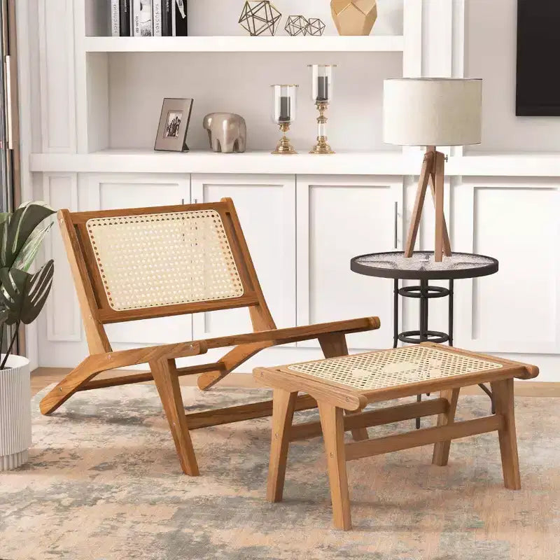 Fauteuil d'appoint moderne du milieu du siècle avec pouf Cadre en bois de teck Style ferme